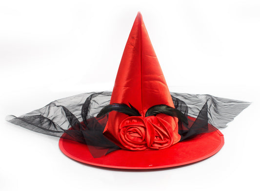 Hoed Heks rood met decoratie