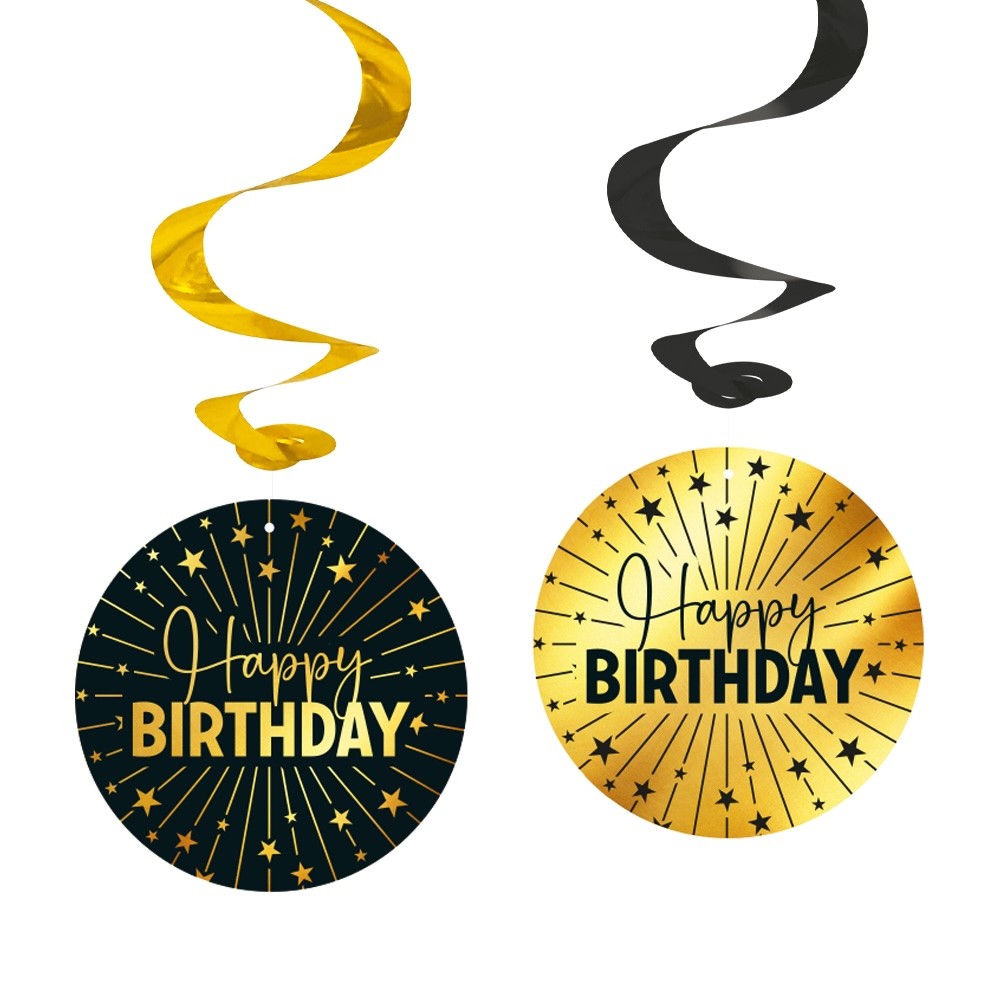 Swirl decoratie Happy Birthday Zwart Goud