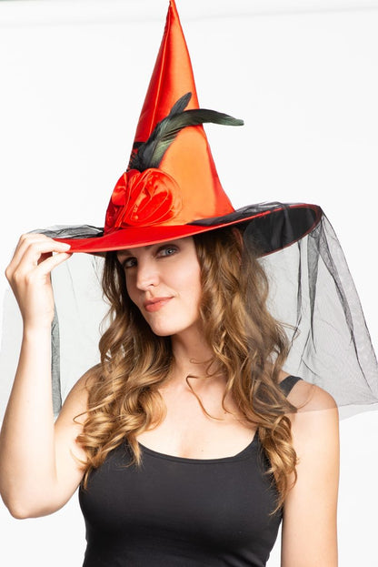 Hoed Heks rood met decoratie