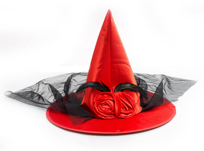 Hoed Heks rood met decoratie