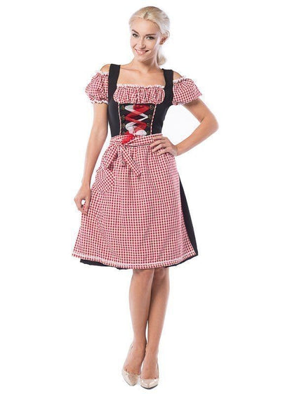 Dirndl jurk Anne-Ruth Lang rood zwart