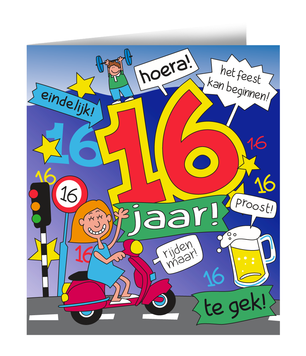 Wenskaart 16 jaar Cartoon