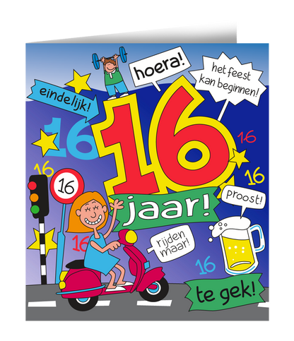 Wenskaart 16 jaar Cartoon