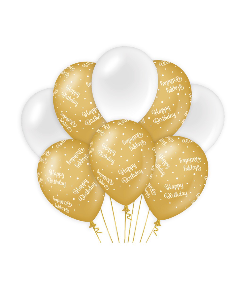 Ballonnen Happy Birthday goud en wit
