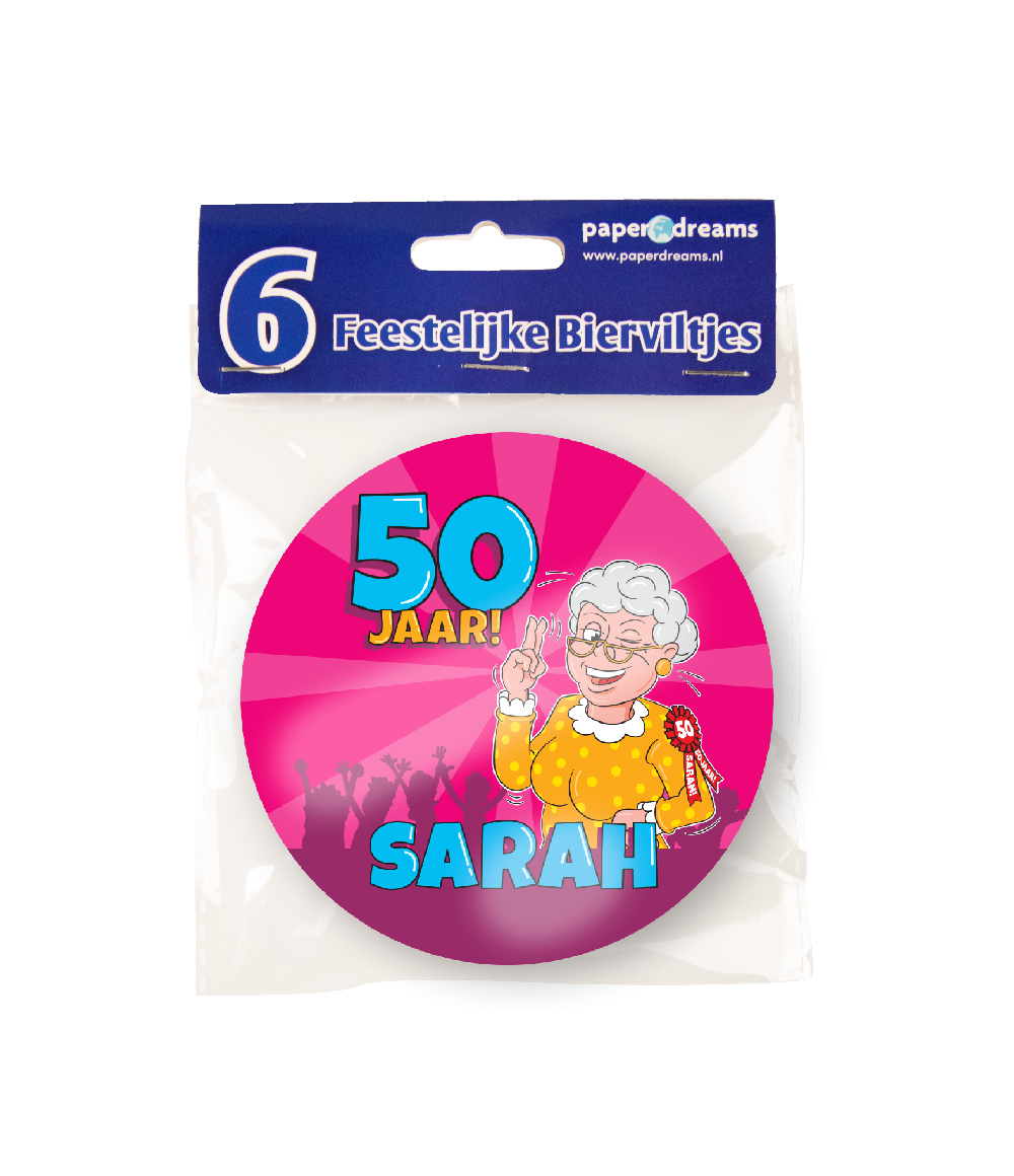 Bierviltjes Sarah 50 jaar Cartoon