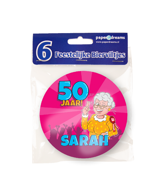 Bierviltjes Sarah 50 jaar Cartoon